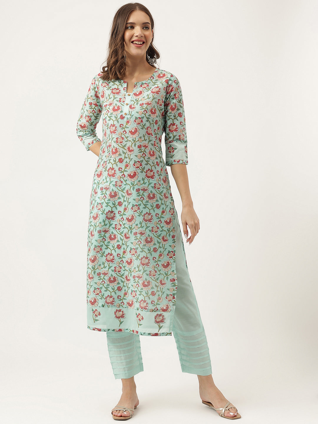 Noe Velarro Green Chanderi Floral Printed Kurta with Pant Set