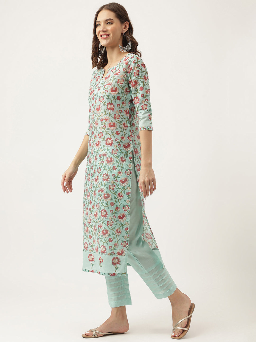 Noe Velarro Green Chanderi Floral Printed Kurta with Pant Set