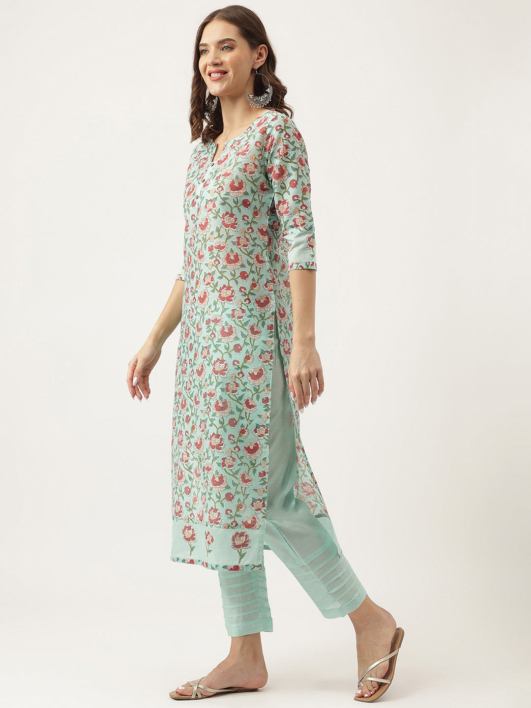 Noe Velarro Green Chanderi Floral Printed Kurta with Pant Set