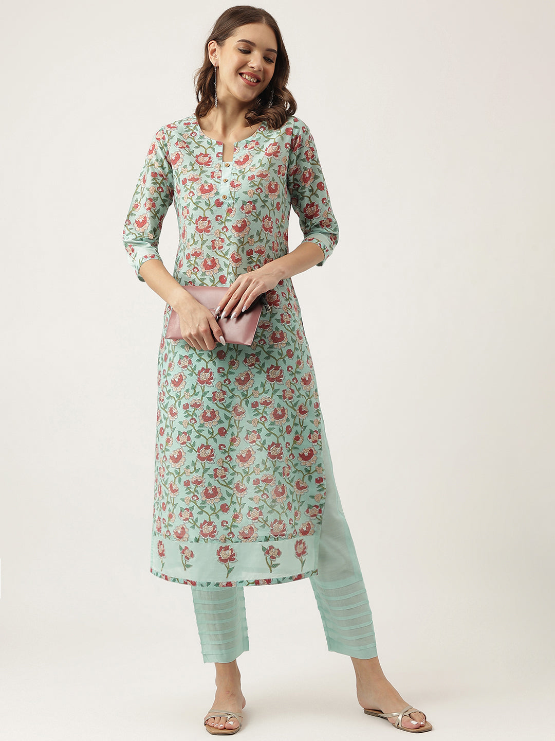 Noe Velarro Green Chanderi Floral Printed Kurta with Pant Set