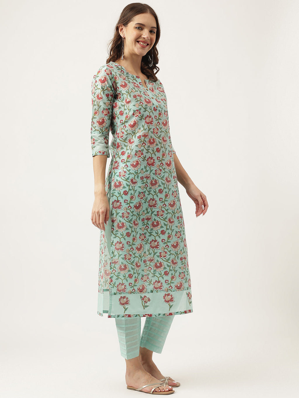 Noe Velarro Green Chanderi Floral Printed Kurta with Pant Set