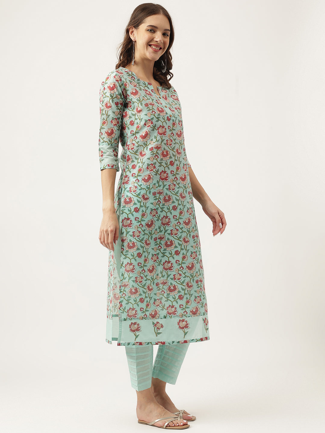 Noe Velarro Green Chanderi Floral Printed Kurta with Pant Set
