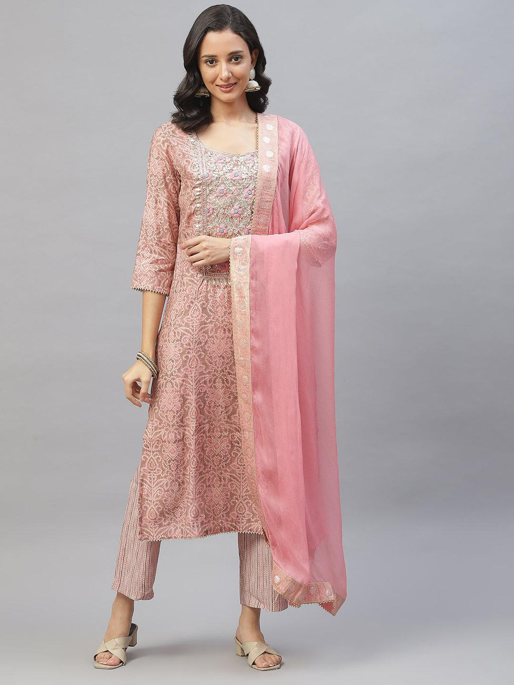 Divena Pink Hand Work Bandhani Printed Muslin Kurta Pant Set with Dupatta - divena world