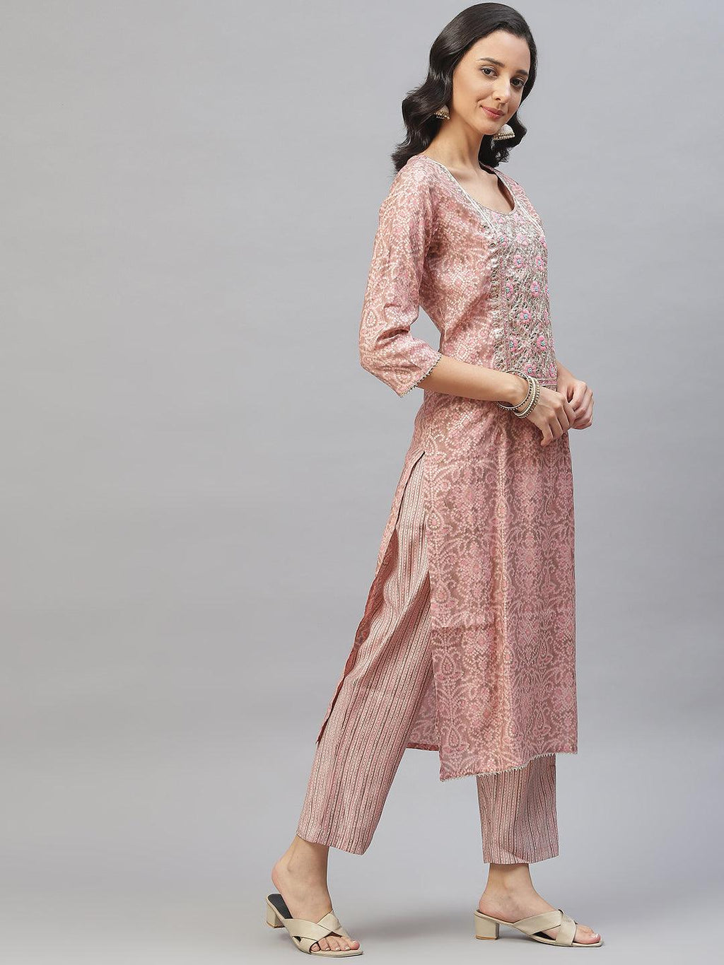 Divena Pink Hand Work Bandhani Printed Muslin Kurta Pant Set with Dupatta - divena world