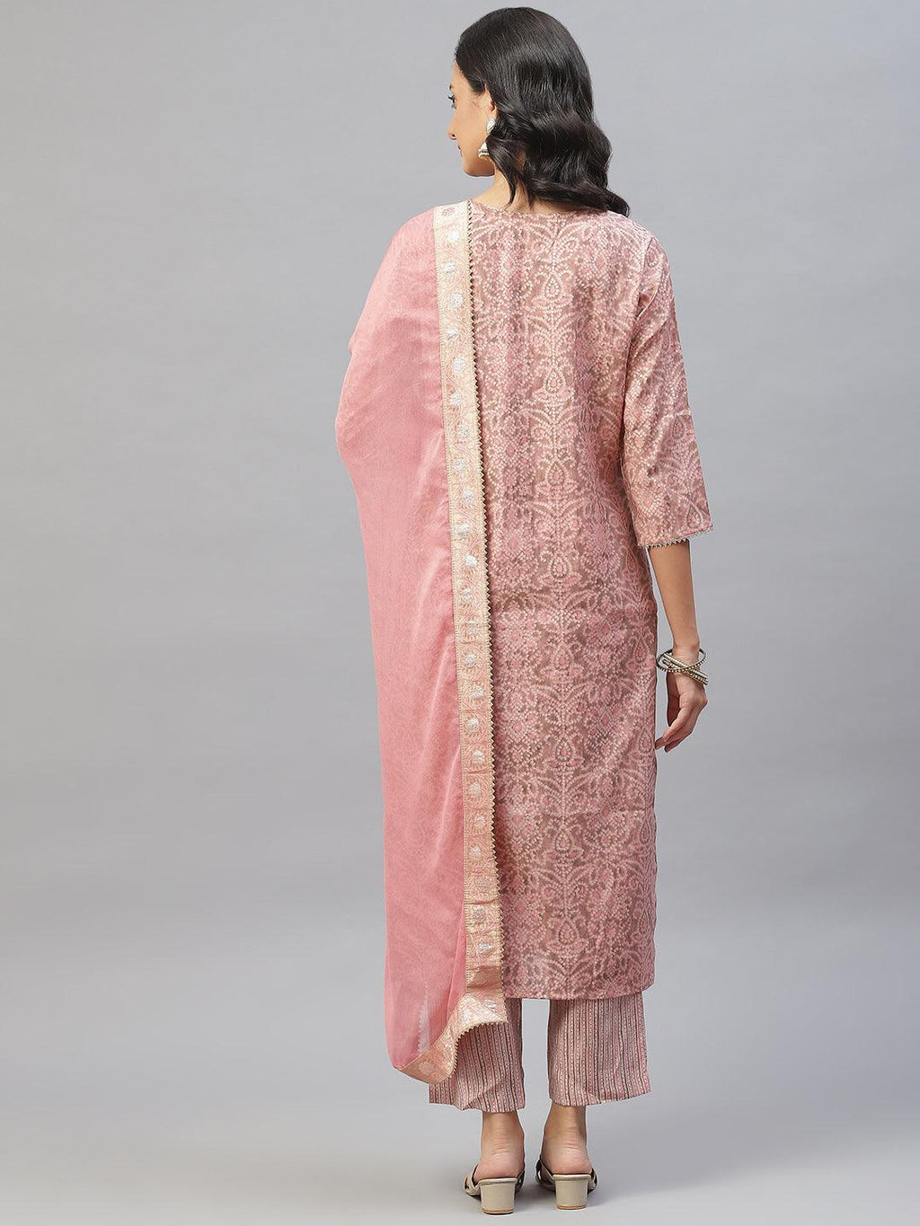 Divena Pink Hand Work Bandhani Printed Muslin Kurta Pant Set with Dupatta - divena world