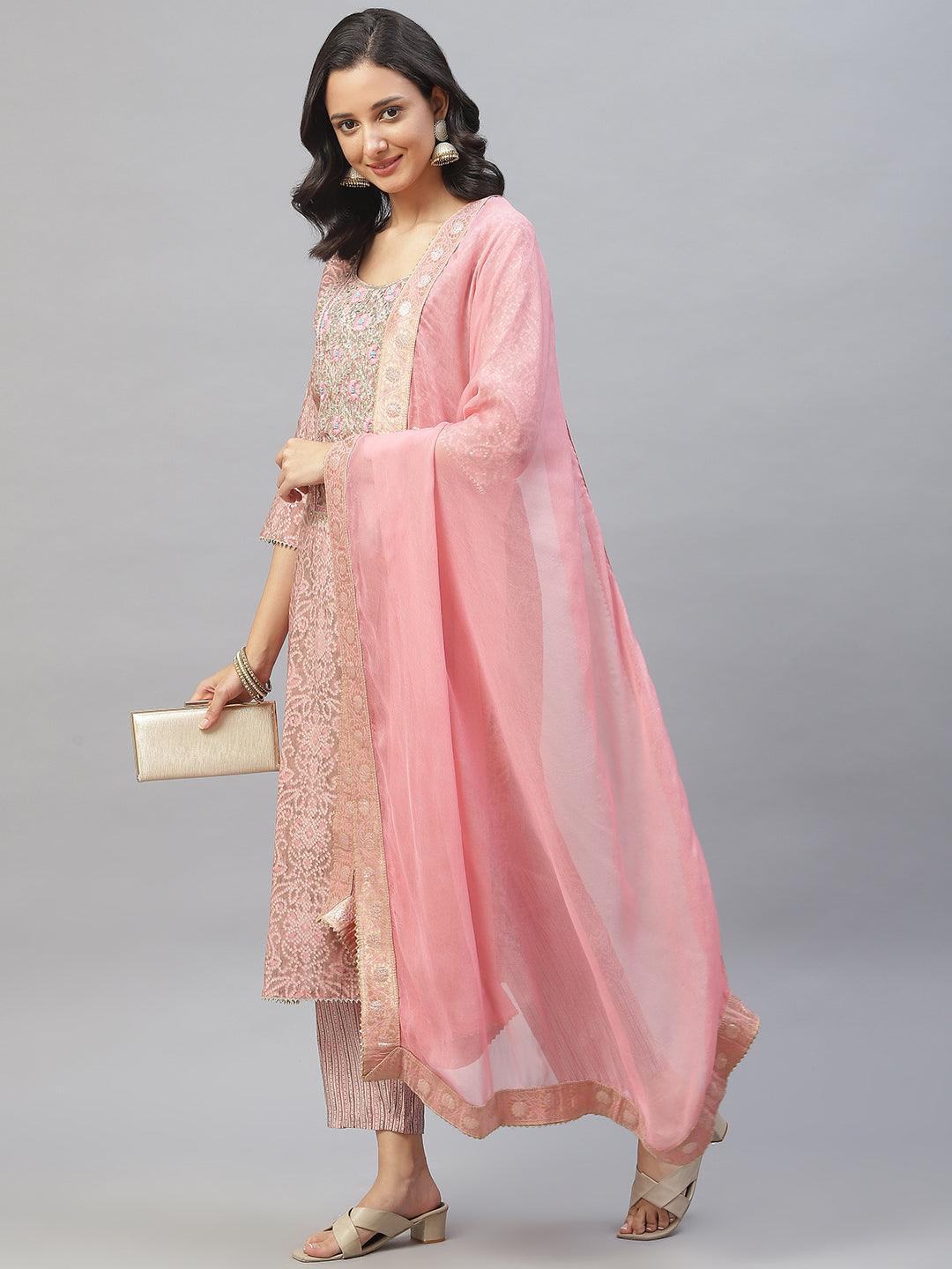 Divena Pink Hand Work Bandhani Printed Muslin Kurta Pant Set with Dupatta - divena world
