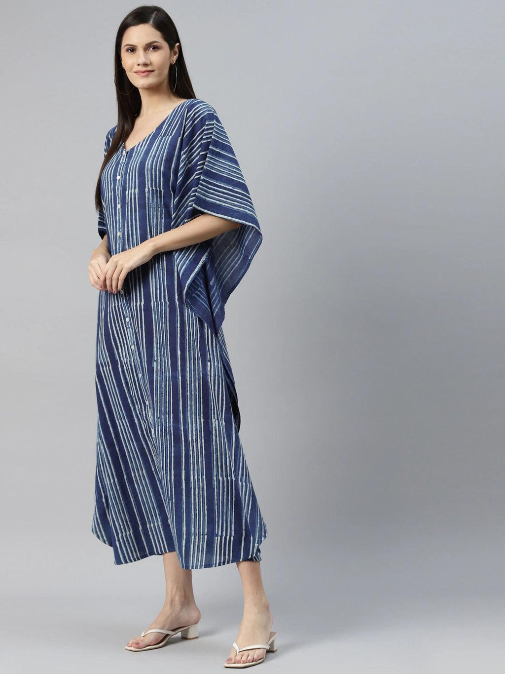 Divena Blue Hand Block Printed Striped Kaftan Dress - divena world