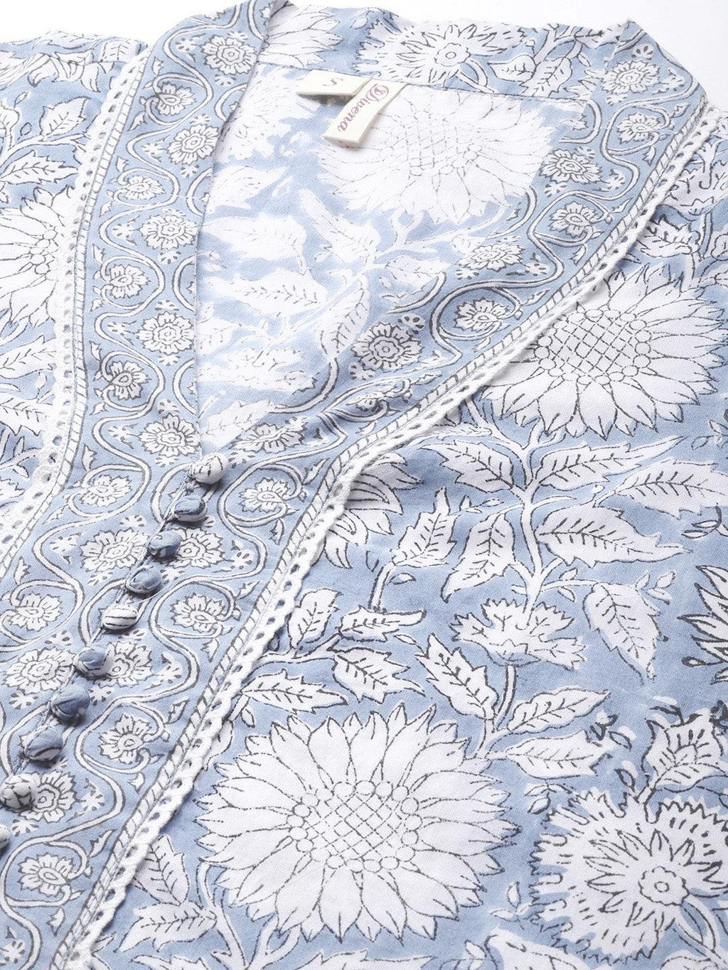 Divena Sky blue Hand Block Printed Straight kurta Pant Set with Dupatta - divena world