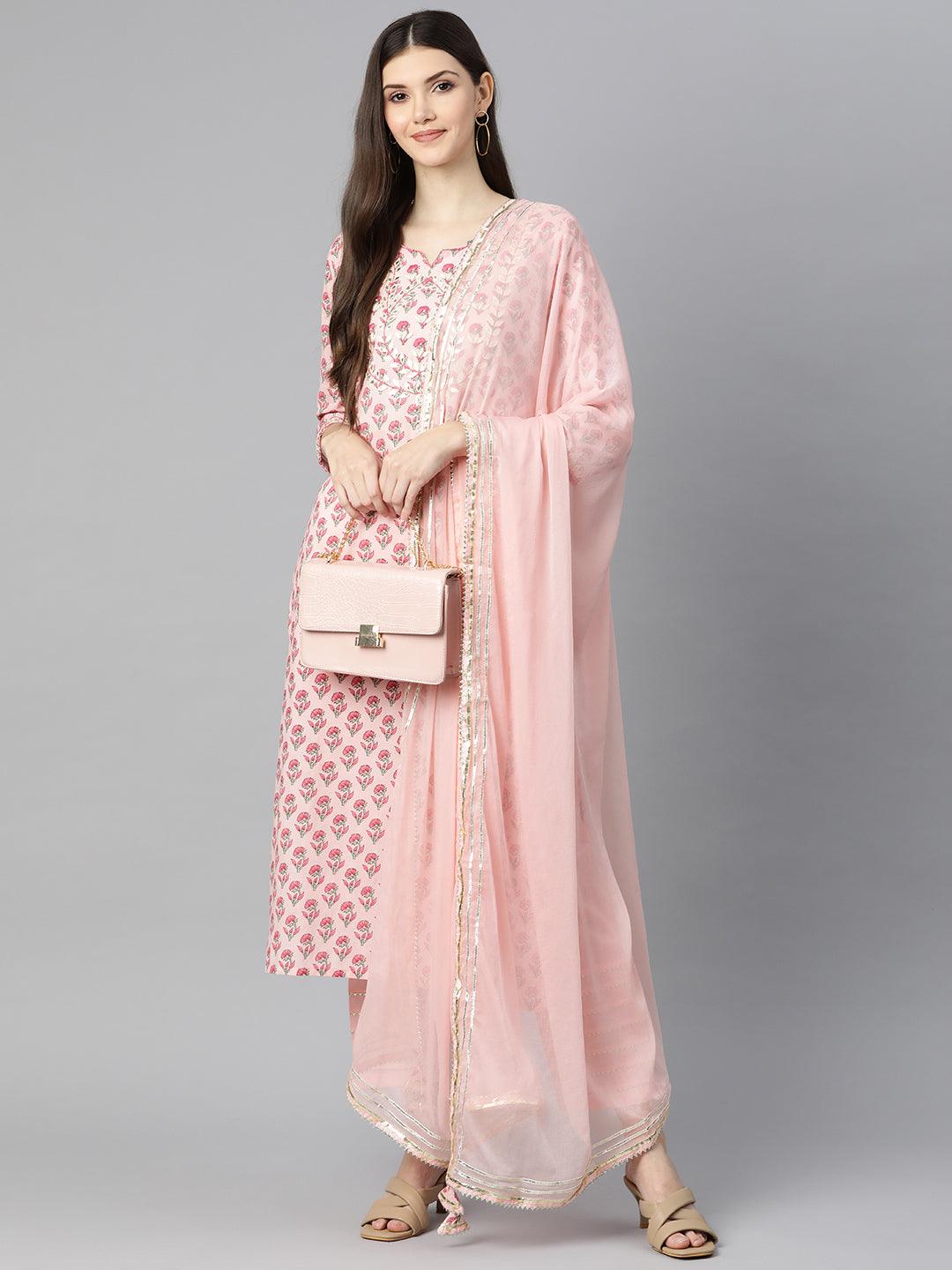 Divena Pink Cotton Straight Kurta Pant Set With Dupatta - divena world