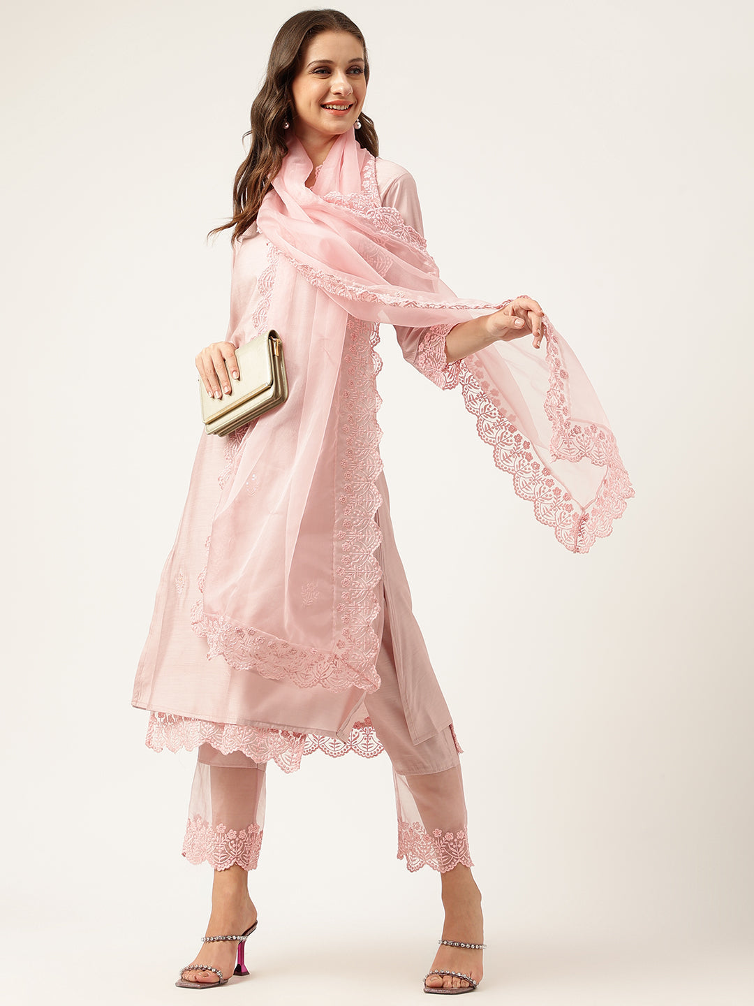Noe Velarro Solid Chanderi Kurta with Inner,Trouser Inner & Dupatta Set