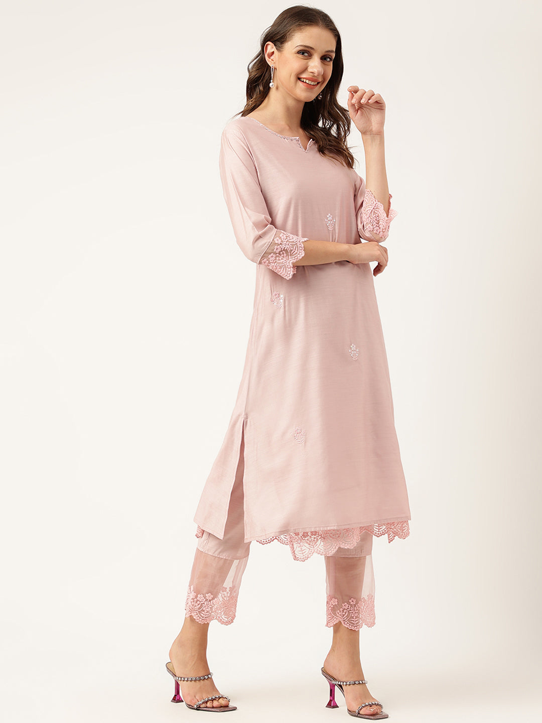 Noe Velarro Solid Chanderi Kurta with Inner,Trouser Inner & Dupatta Set
