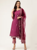 Noe Velarro Solid Purple Chanderi Embroidered Kurta with Inner Trouser Inner & Dupatta Set