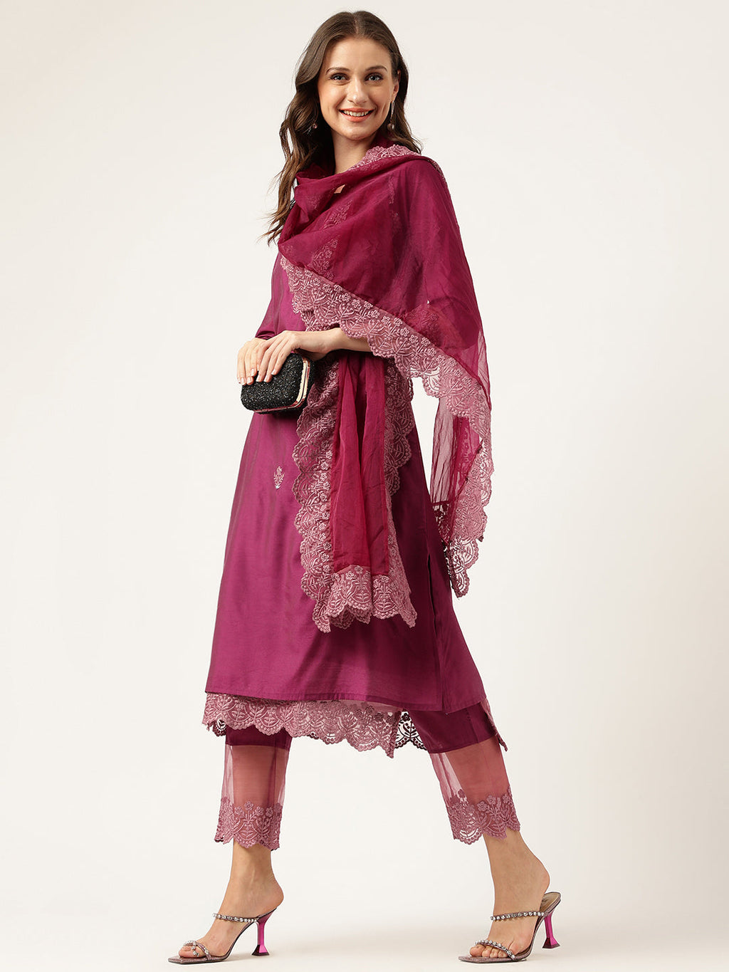 Noe Velarro Solid Purple Chanderi Embroidered Kurta with Inner Trouser Inner & Dupatta Set