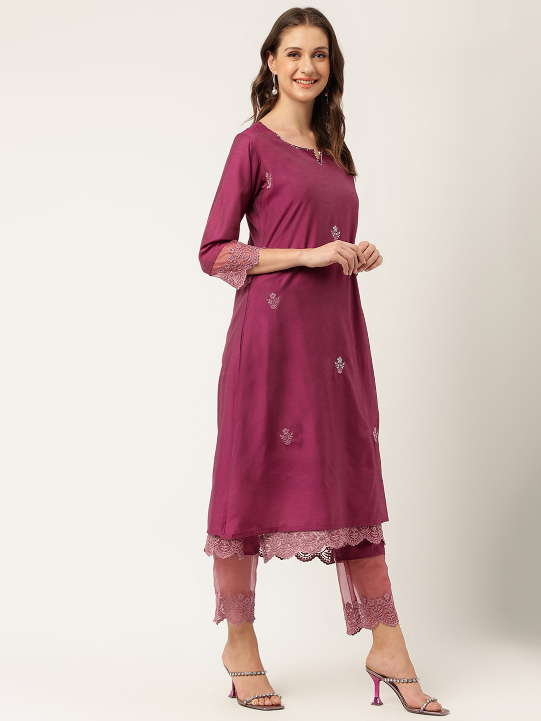 Noe Velarro Solid Purple Chanderi Embroidered Kurta with Inner Trouser Inner & Dupatta Set