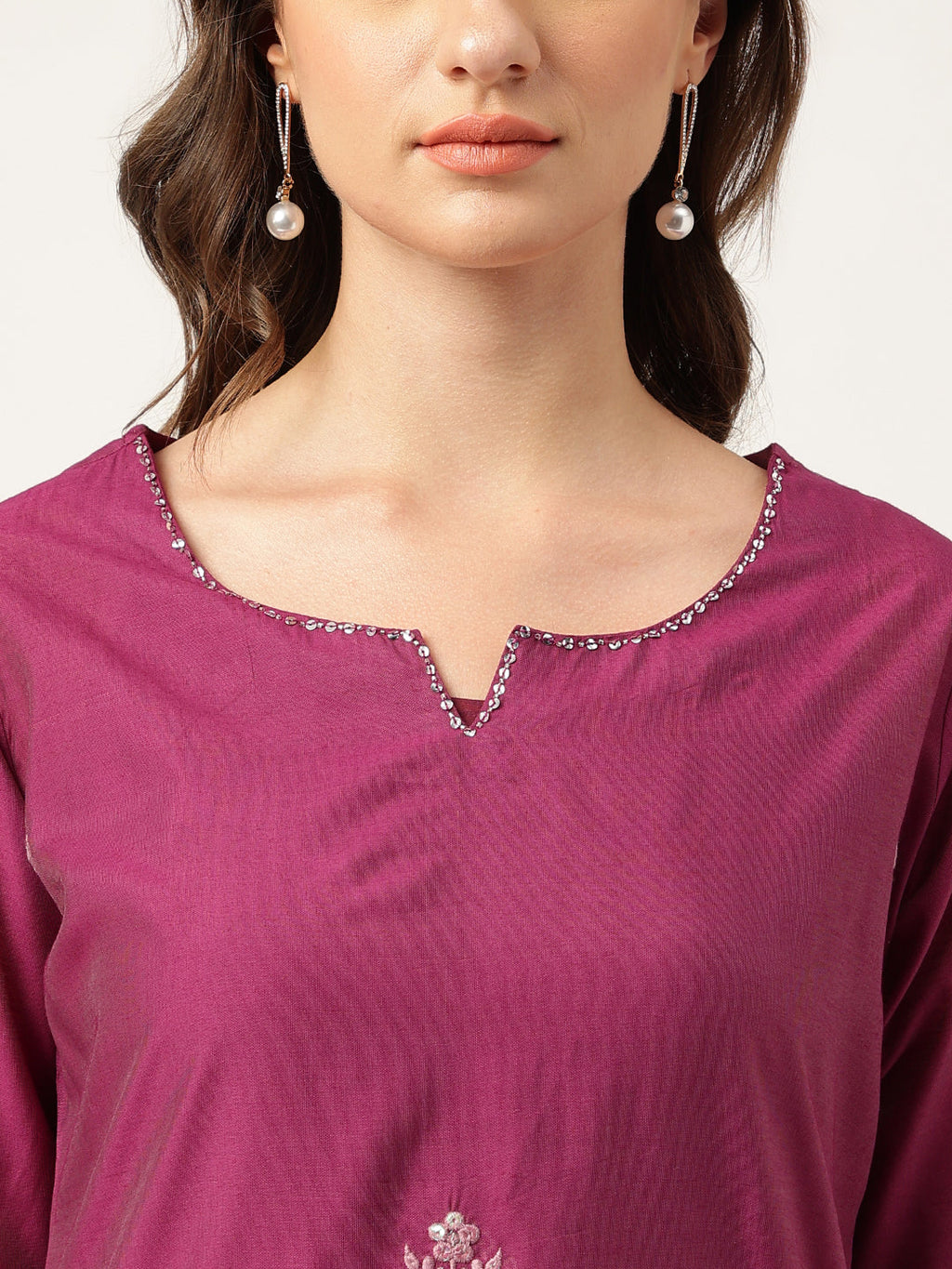 Noe Velarro Solid Purple Chanderi Embroidered Kurta with Inner Trouser Inner & Dupatta Set