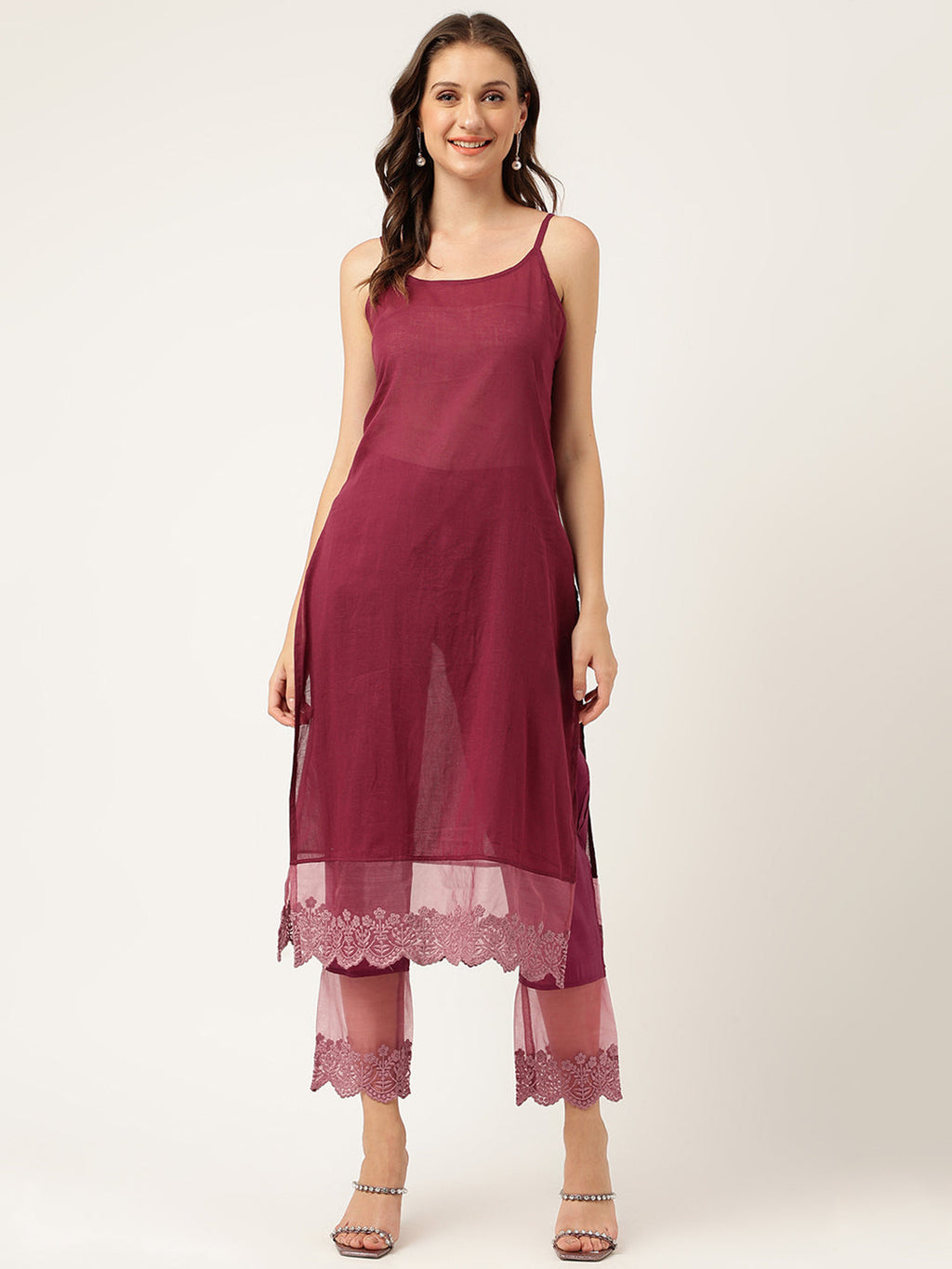 Noe Velarro Solid Purple Chanderi Embroidered Kurta with Inner Trouser Inner & Dupatta Set