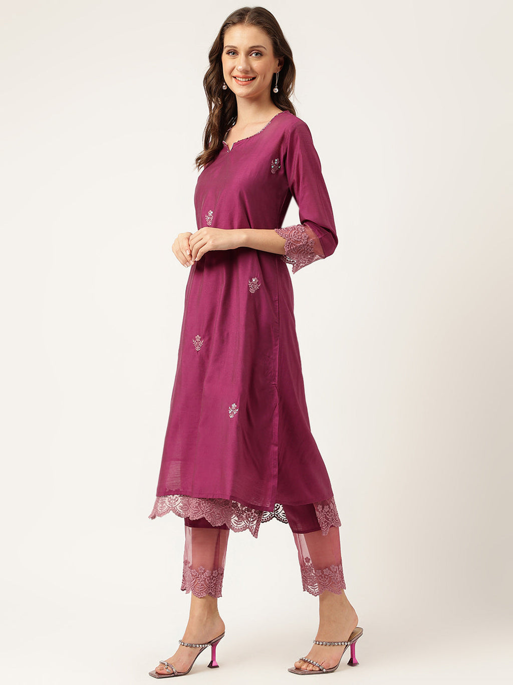 Noe Velarro Solid Purple Chanderi Embroidered Kurta with Inner Trouser Inner & Dupatta Set