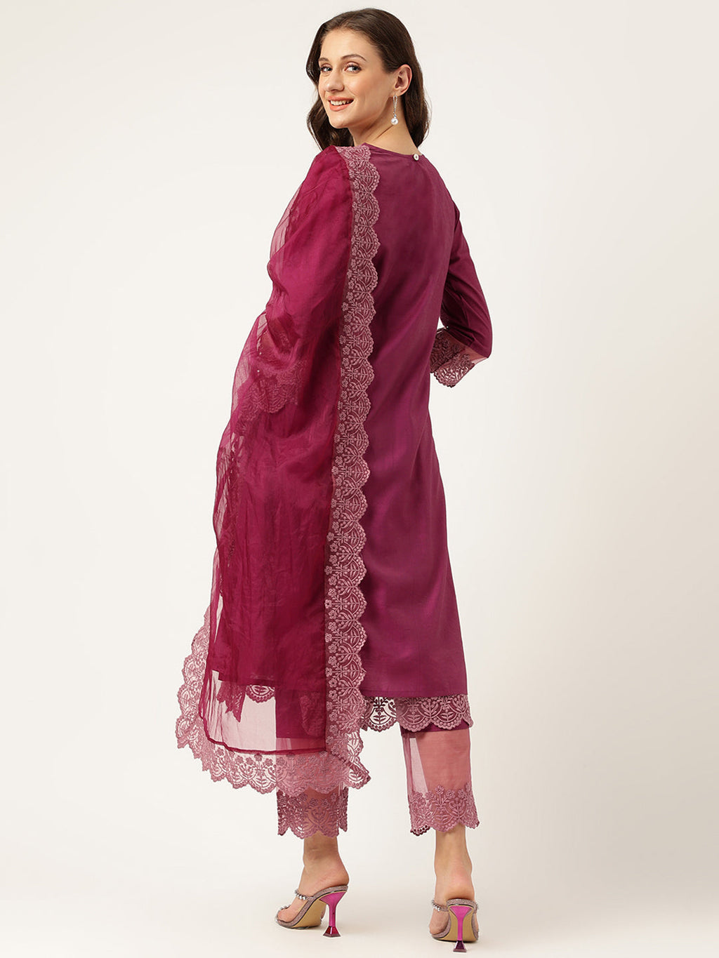 Noe Velarro Solid Purple Chanderi Embroidered Kurta with Inner Trouser Inner & Dupatta Set