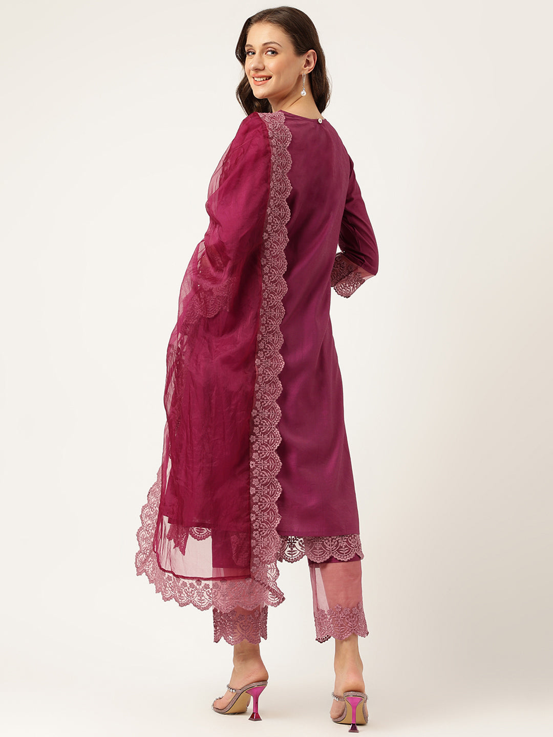 Noe Velarro Solid Purple Chanderi Embroidered Kurta with Inner Trouser Inner & Dupatta Set