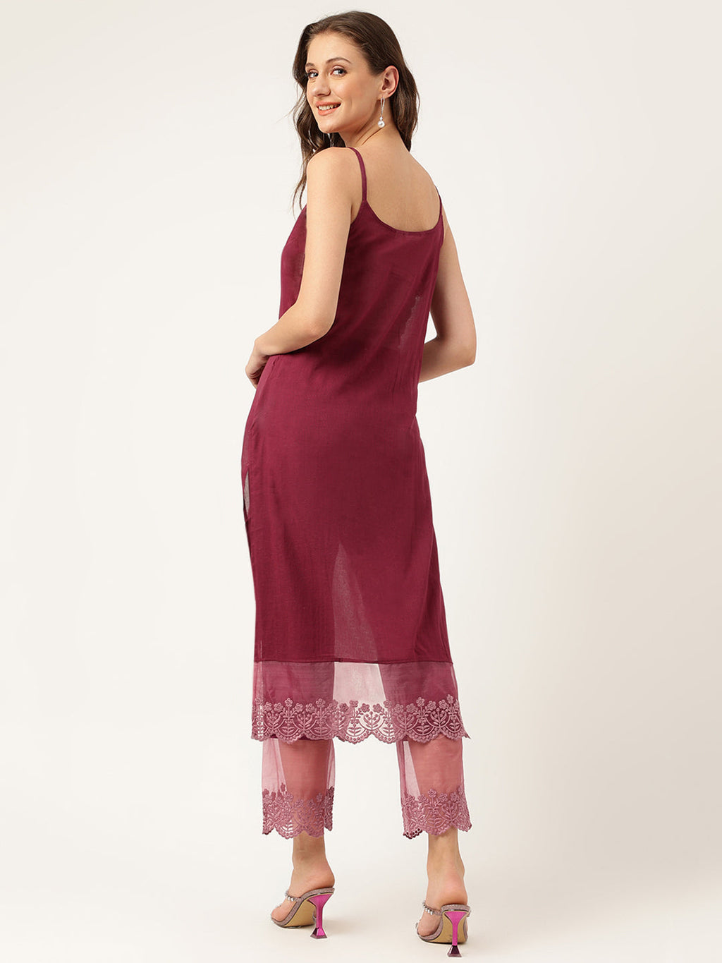 Noe Velarro Solid Purple Chanderi Embroidered Kurta with Inner Trouser Inner & Dupatta Set