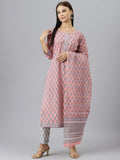 Noe Velarro Women Pink Printed Gotta Patti Pure Cotton Kurta with Trousers & Dupatta