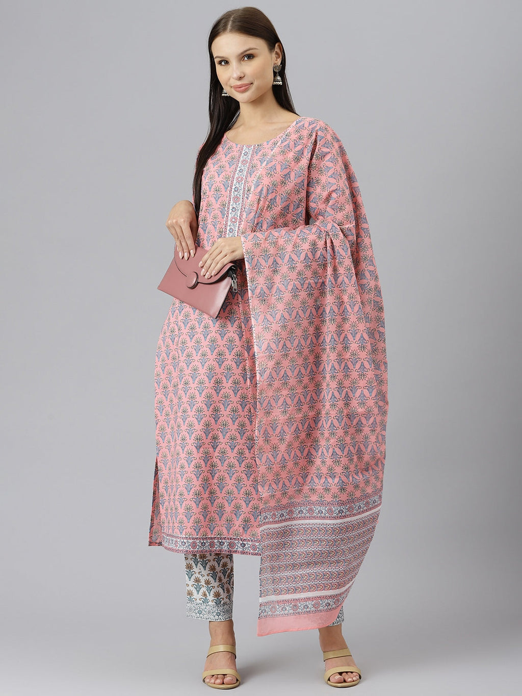 Noe Velarro Women Pink Printed Gotta Patti Pure Cotton Kurta with Trousers & Dupatta