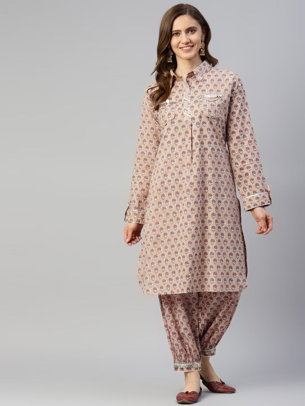 Noe Velarro Beige Cotton Shirt Style Kurta Hem Cuffed Pant Co-ord Set