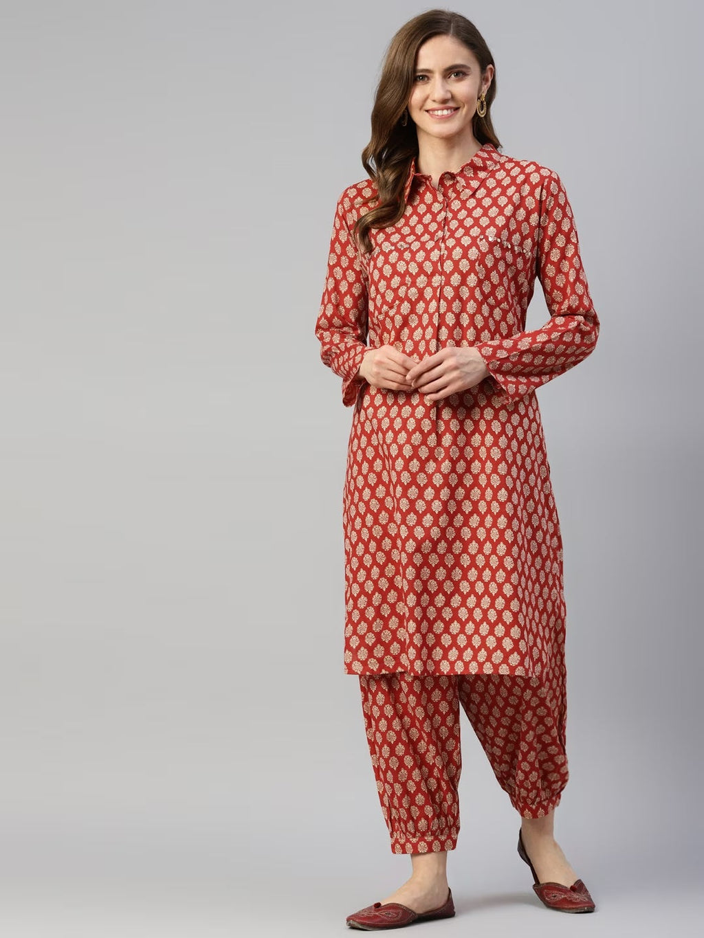 Noe Velarro Maroon Cotton Shirt Style Kurta Hem Cuffed Pant Co-ord Set