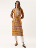 Noe Velarro Mustard Floral Printed Cotton Zari Work Kurta for Women