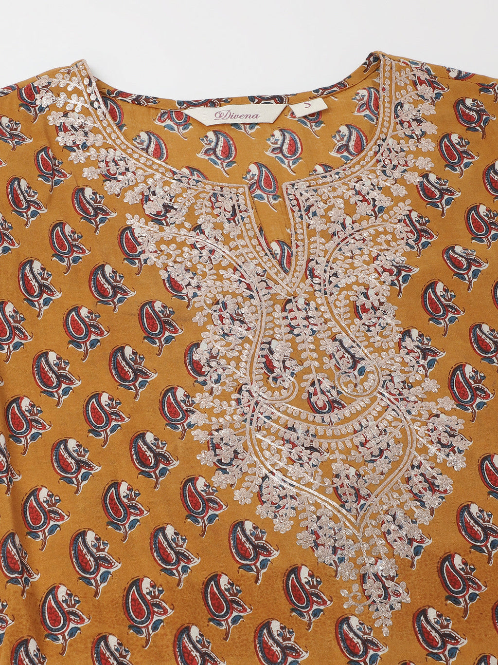 Noe Velarro Mustard Floral Printed Cotton Zari Work Kurta for Women