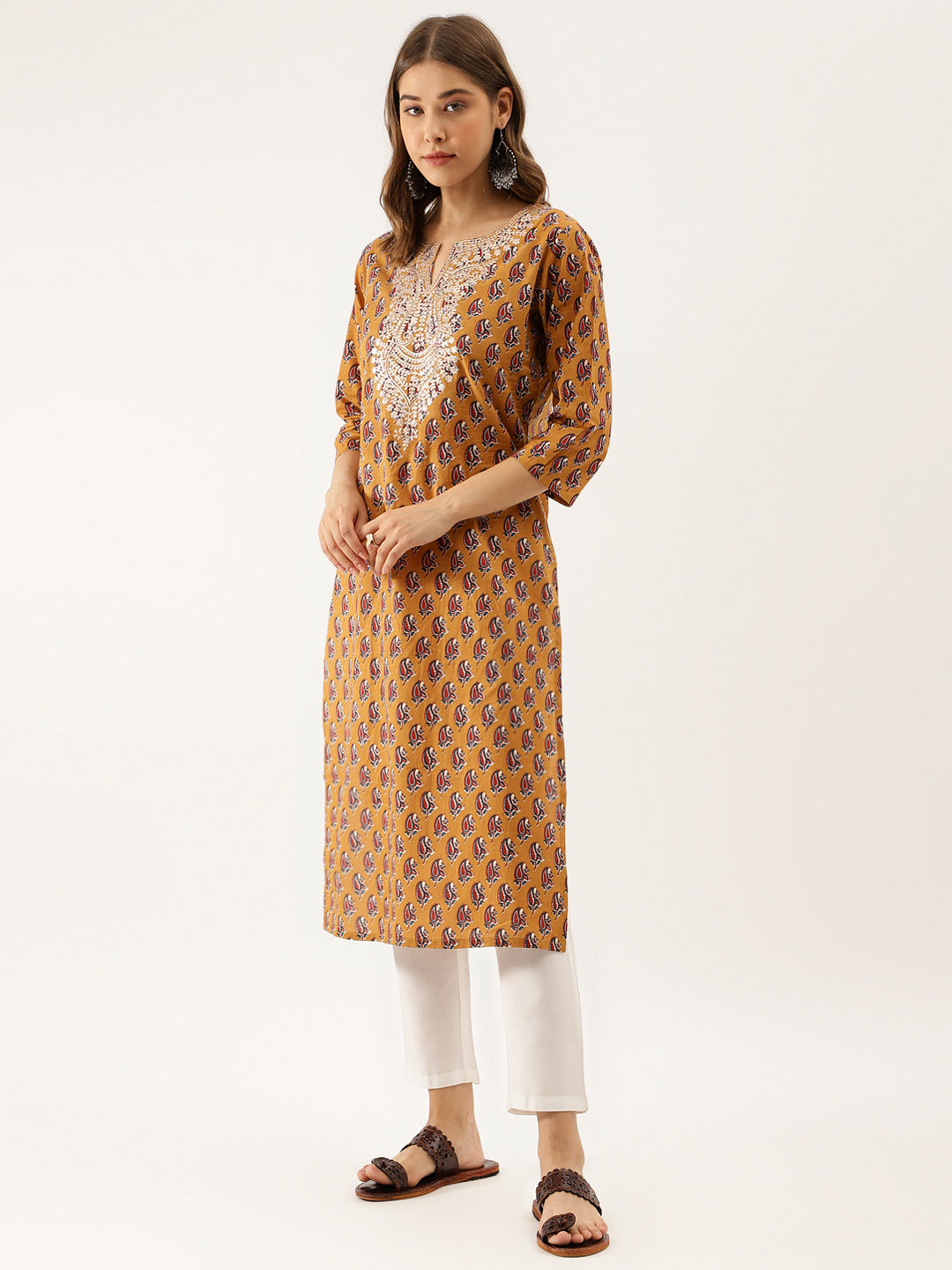 Noe Velarro Mustard Floral Printed Cotton Zari Work Kurta for Women
