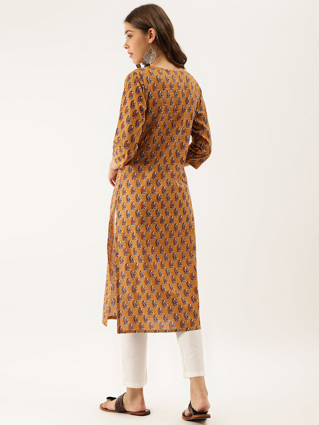 Noe Velarro Mustard Floral Printed Cotton Zari Work Kurta for Women