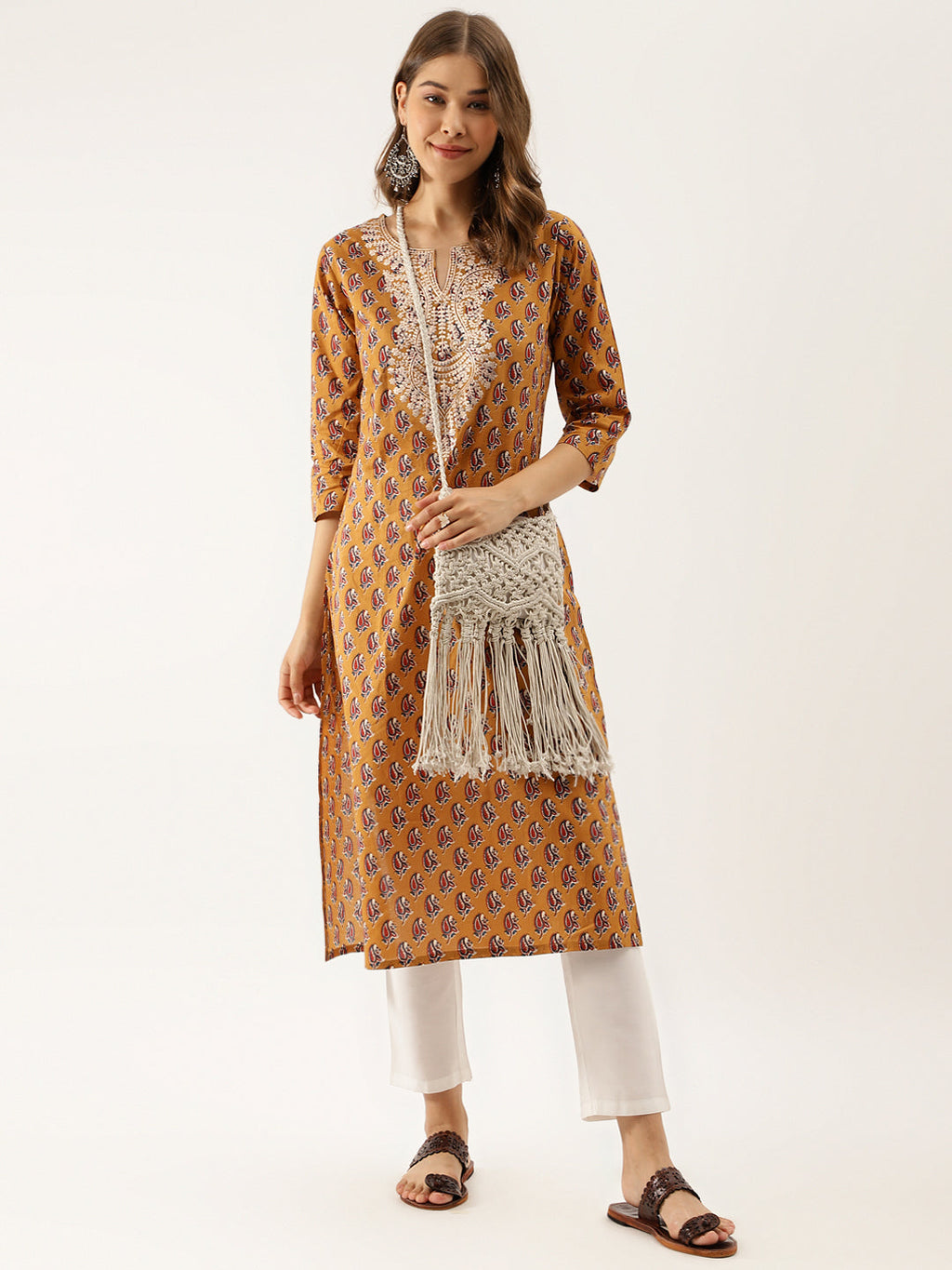 Noe Velarro Mustard Floral Printed Cotton Zari Work Kurta for Women