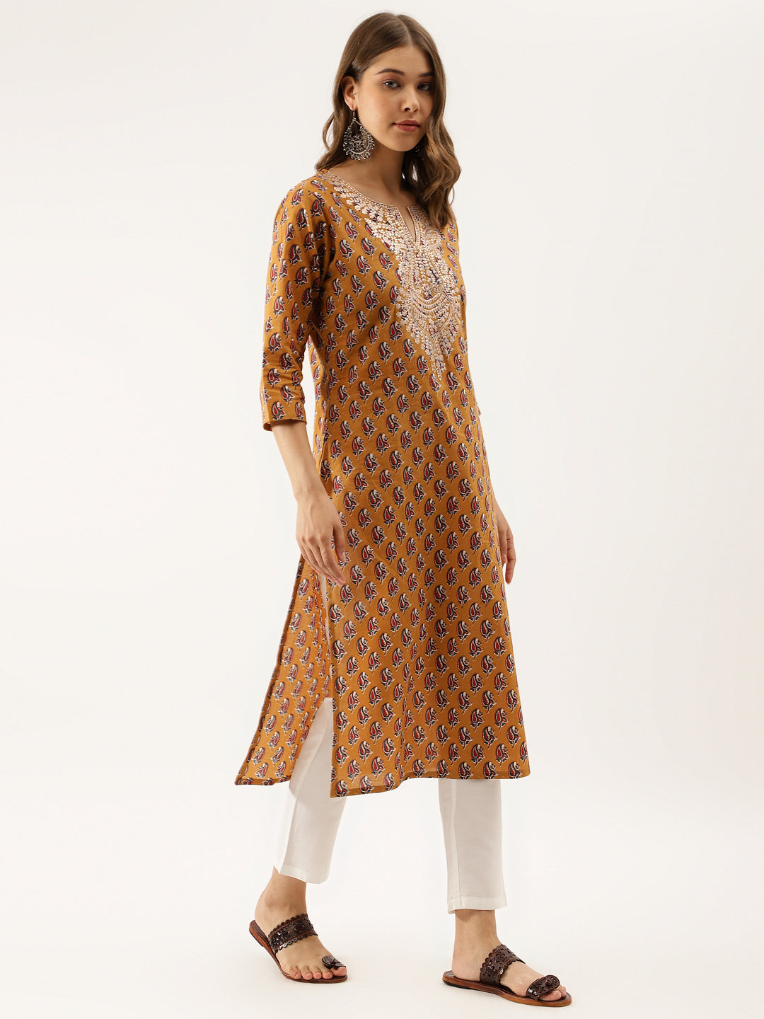 Noe Velarro Mustard Floral Printed Cotton Zari Work Kurta for Women