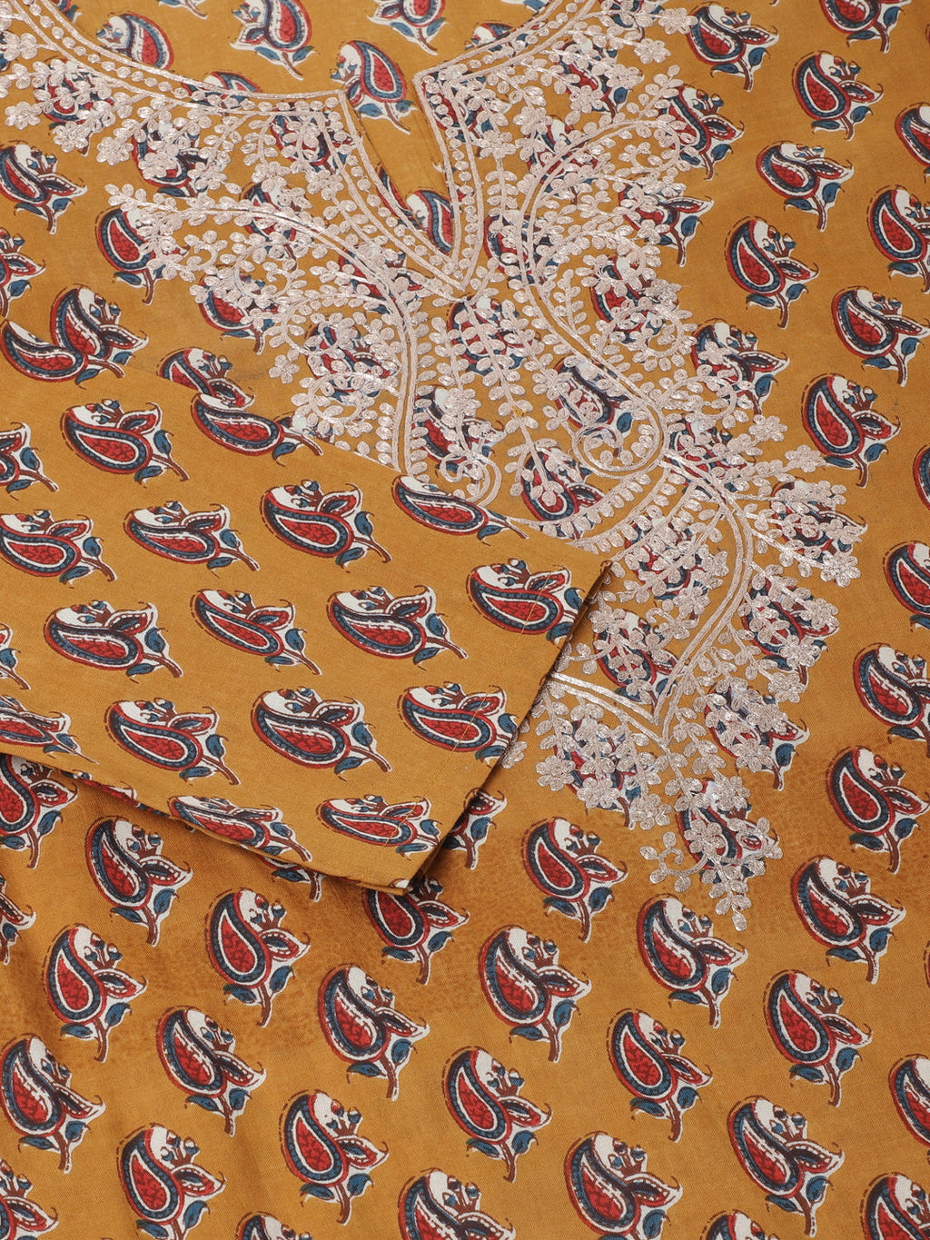 Noe Velarro Mustard Floral Printed Cotton Zari Work Kurta for Women