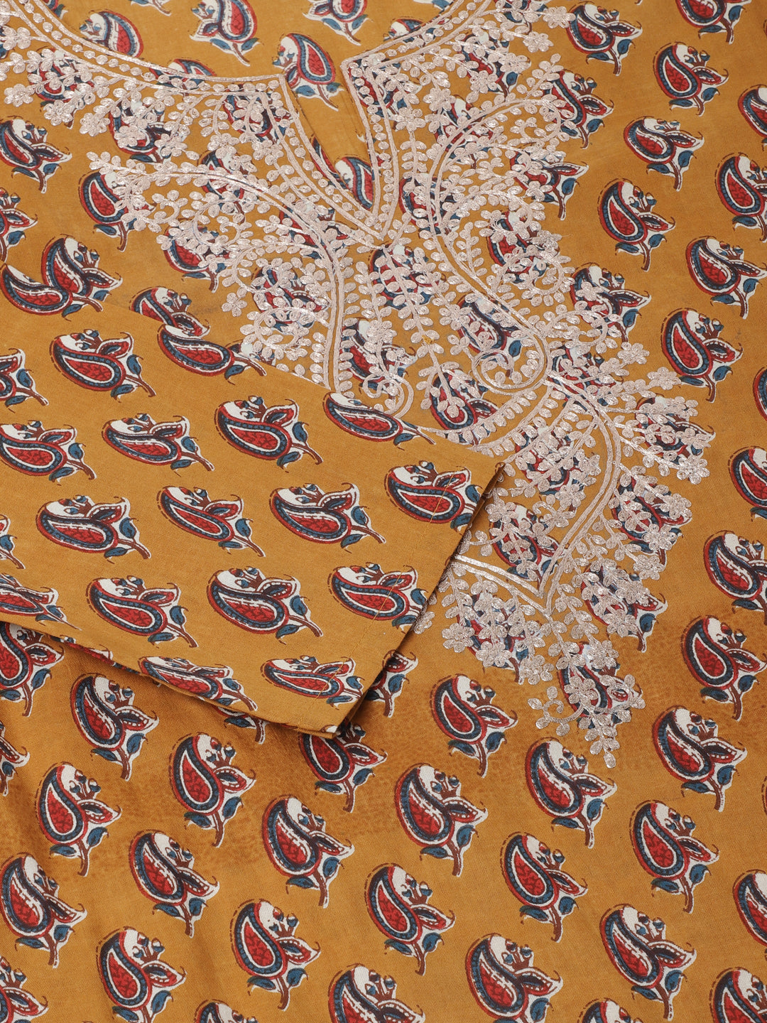 Noe Velarro Mustard Floral Printed Cotton Zari Work Kurta for Women