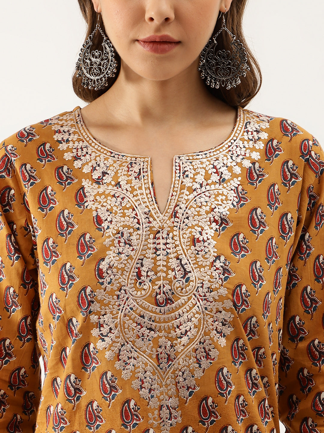 Noe Velarro Mustard Floral Printed Cotton Zari Work Kurta for Women