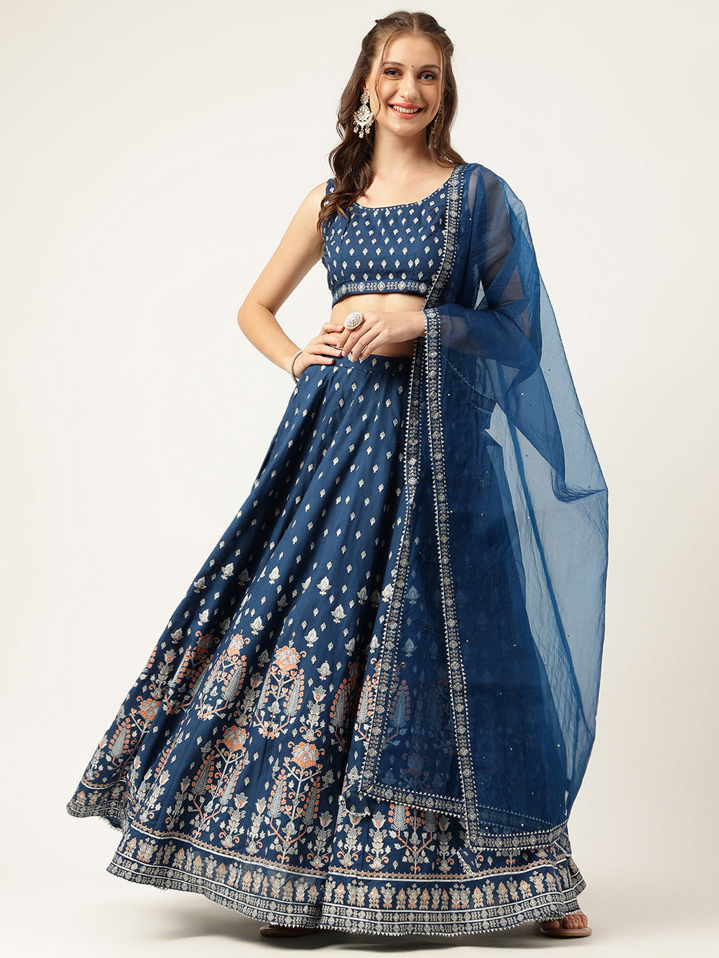 Noe Velarro Blue Rayon Flared Lehenga Choli Set with Organza Dupatta