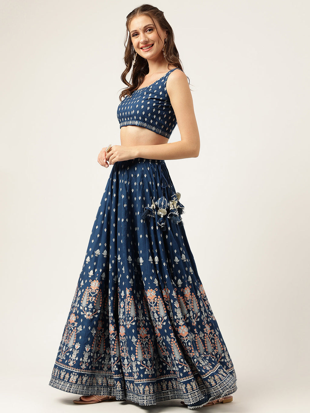 Noe Velarro Blue Rayon Flared Lehenga Choli Set with Organza Dupatta