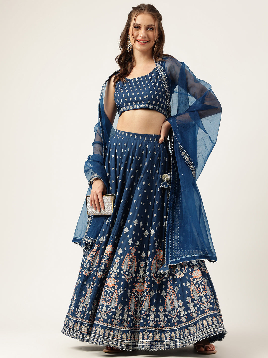 Noe Velarro Blue Rayon Flared Lehenga Choli Set with Organza Dupatta