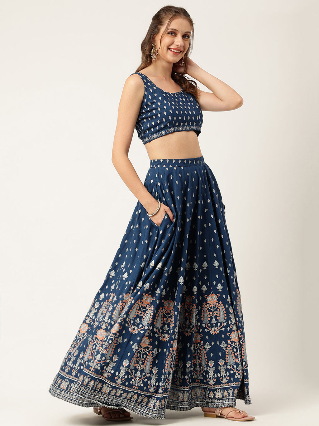 Noe Velarro Blue Rayon Flared Lehenga Choli Set with Organza Dupatta