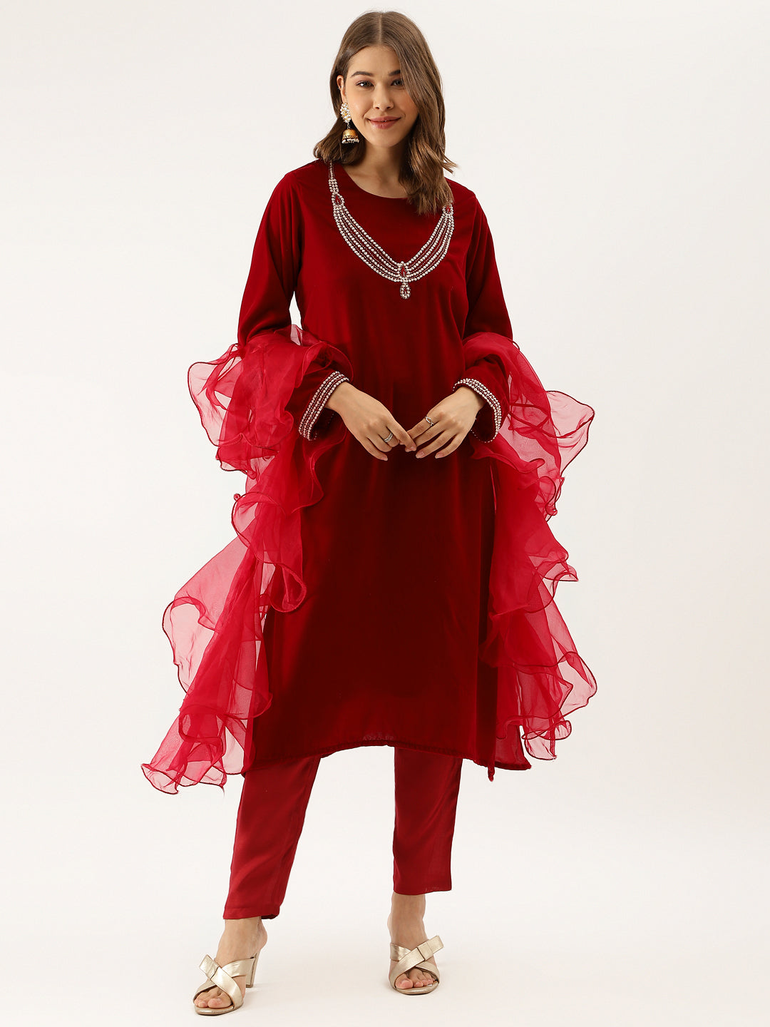 Noe Velarro Maroon Plain Velvet Bead work Embroidered Kurta Set with Organza Dupatta