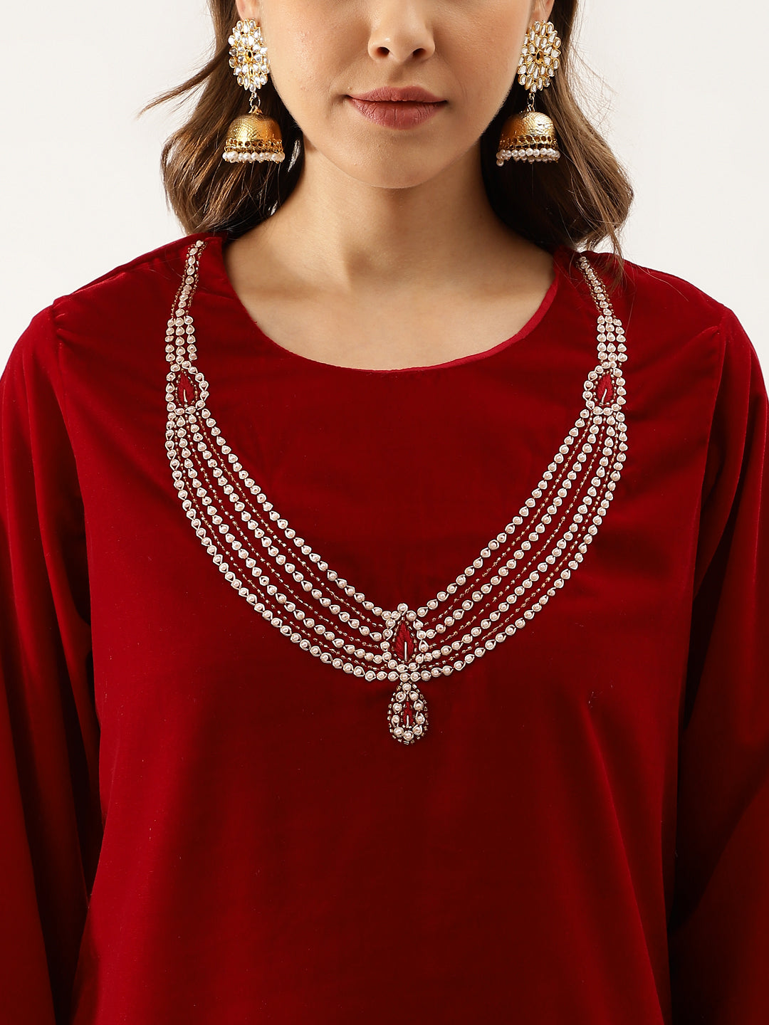 Noe Velarro Maroon Plain Velvet Bead work Embroidered Kurta Set with Organza Dupatta