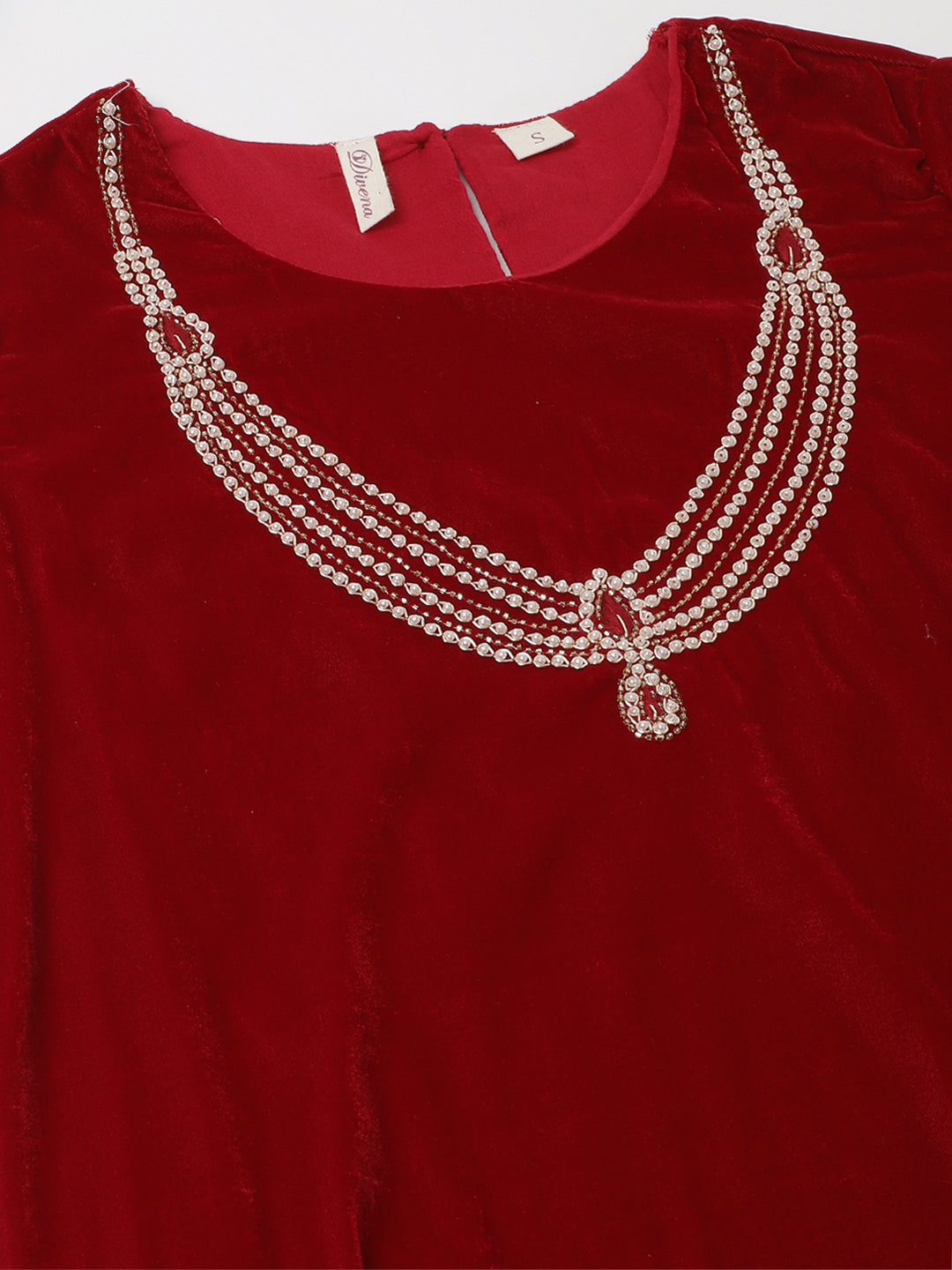 Noe Velarro Maroon Plain Velvet Bead work Embroidered Kurta Set with Organza Dupatta