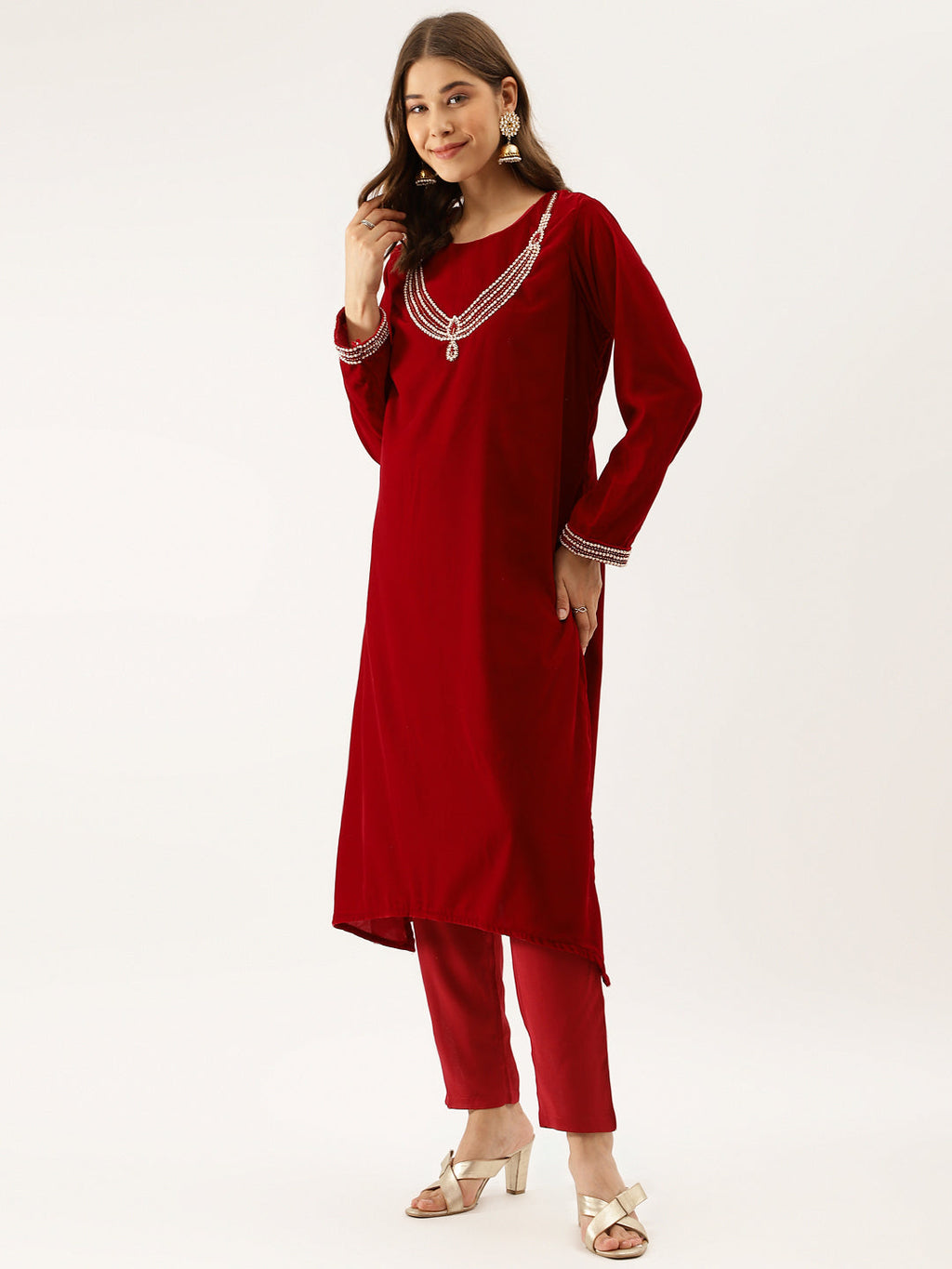 Noe Velarro Maroon Plain Velvet Bead work Embroidered Kurta Set with Organza Dupatta