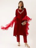 Noe Velarro Maroon Plain Velvet Bead work Embroidered Kurta Set with Organza Dupatta