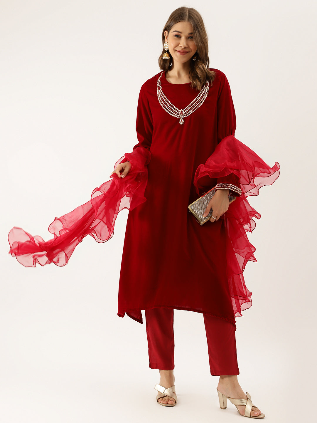 Noe Velarro Maroon Plain Velvet Bead work Embroidered Kurta Set with Organza Dupatta
