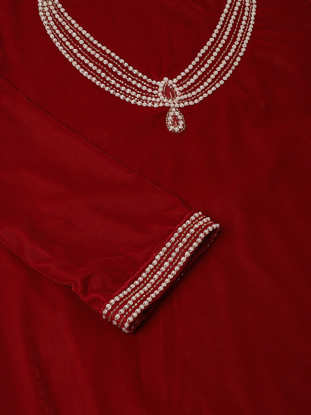 Noe Velarro Maroon Plain Velvet Bead work Embroidered Kurta Set with Organza Dupatta