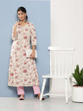Noe Velarro Off White Women Floral Printed Cotton Kurta