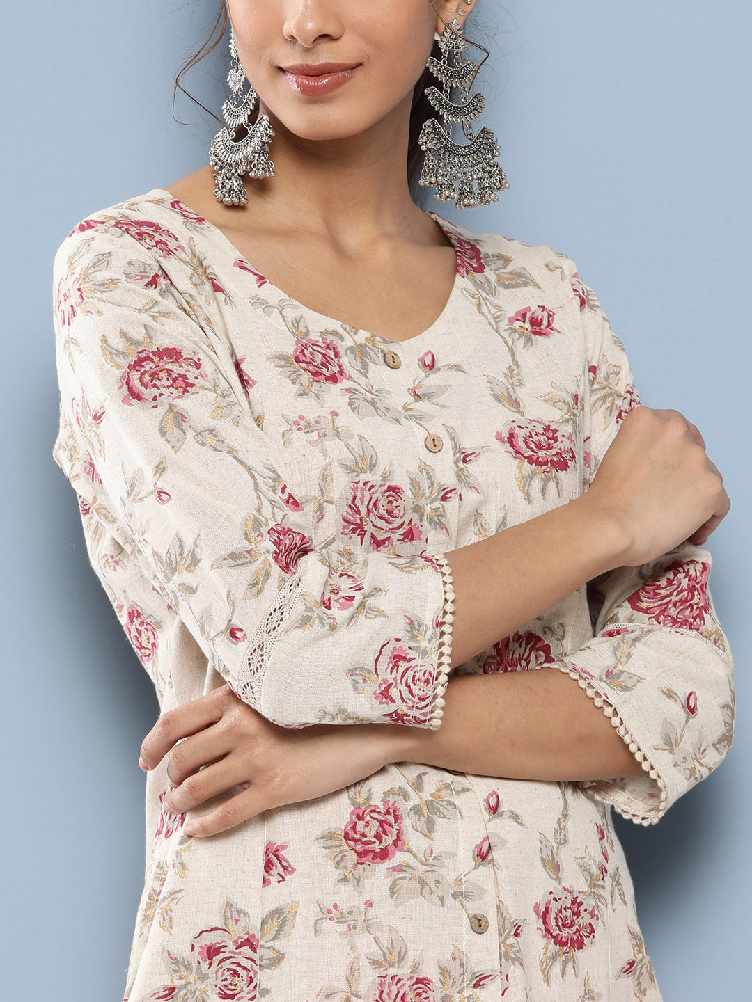 Noe Velarro Off White Women Floral Printed Cotton Kurta